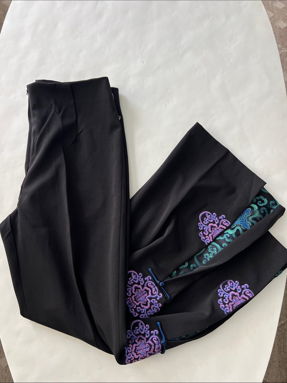Chinese Inspired Embroidered Ruyi Floral Medallion Split Hem Wide Leg Pants XXL